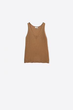 Camiseta de Tirantes de Punto Acanalado con Cuello en V en Color Camello