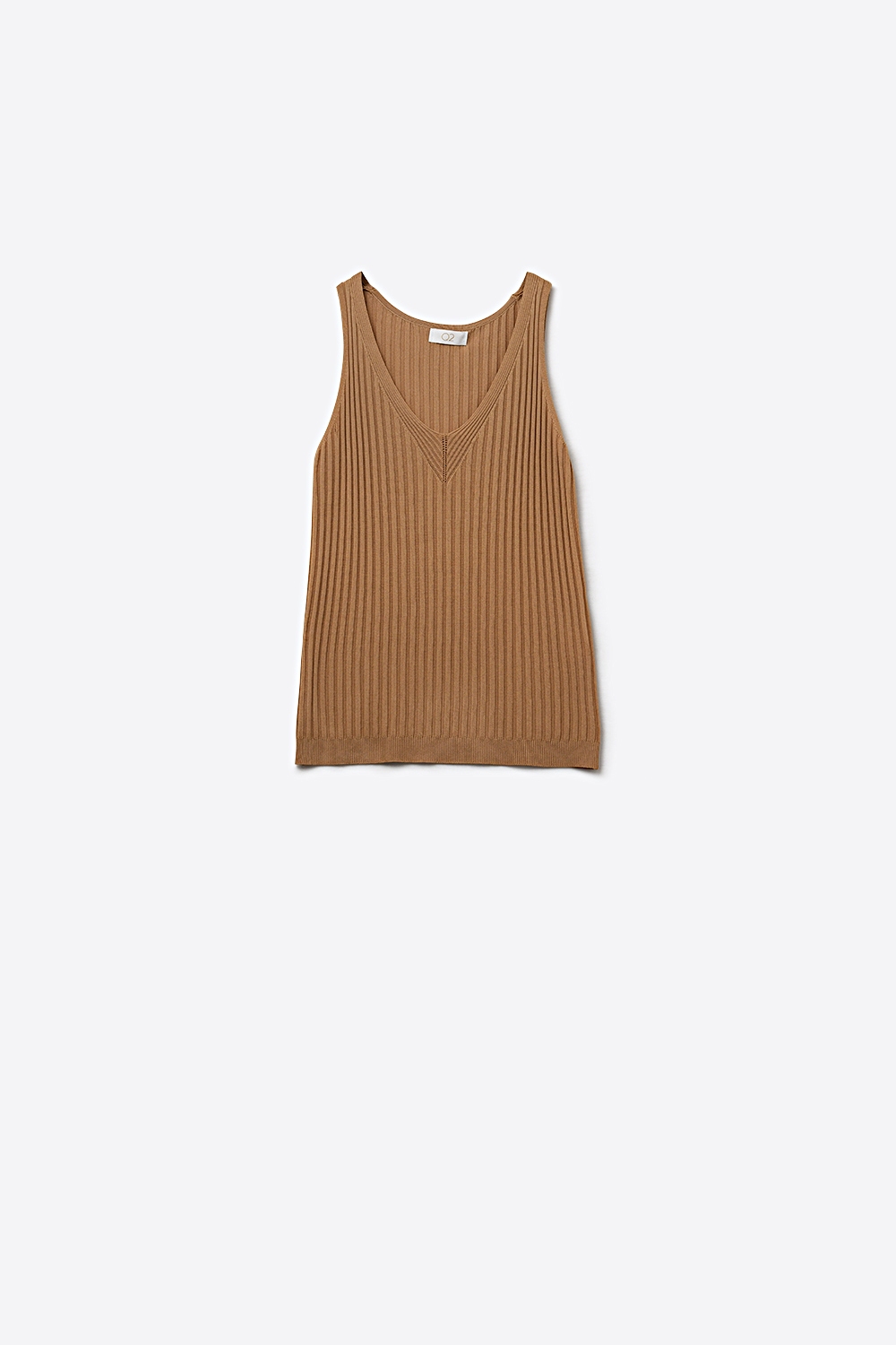 Camiseta de Tirantes de Punto Acanalado con Cuello en V en Color Camello Camiseta de Tirantes de Punto Acanalado con Cuello en V en Color Camello