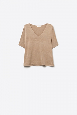 Beige de Punto con Cuello en V y Corte Relajado