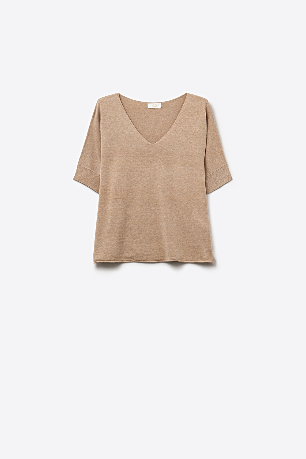 Beige de Punto con Cuello en V y Corte Relajado Beige de Punto con Cuello en V y Corte Relajado