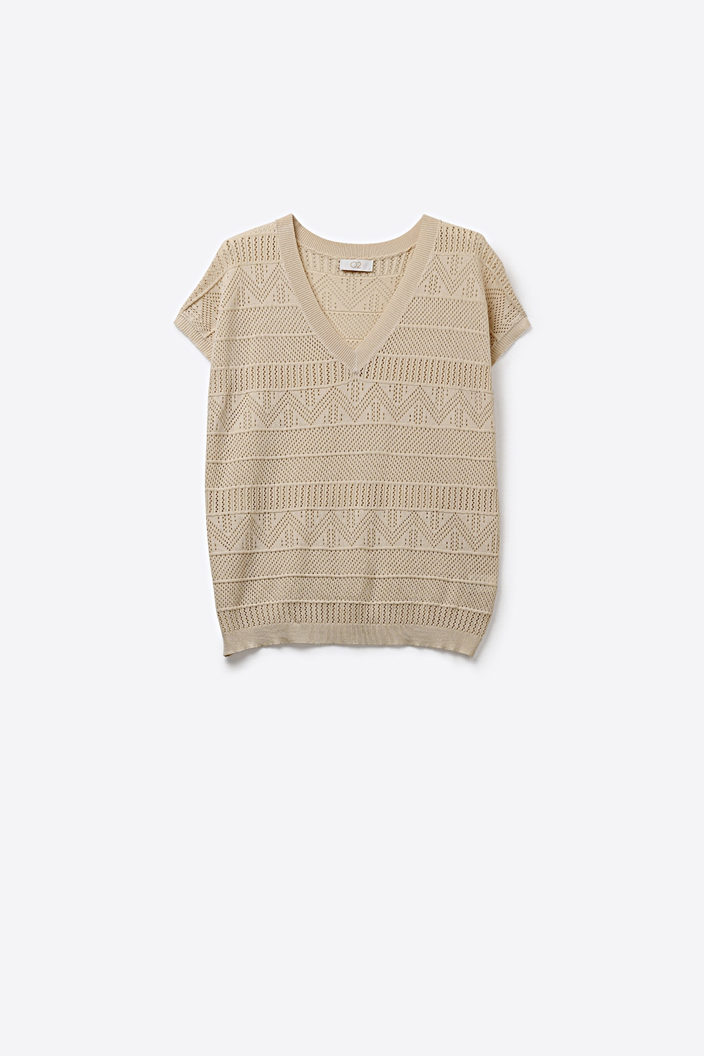 Jersey de punto beige con cuello en V y manga casquillo Jersey de punto beige con cuello en V y manga casquillo