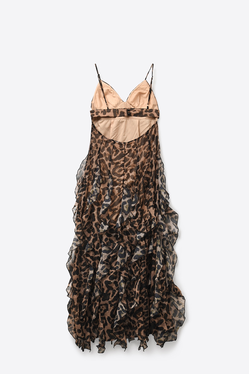 Vestido maxi de estampado leopardo marr&oacute;n en tela de gasa con dobladillo con volantes