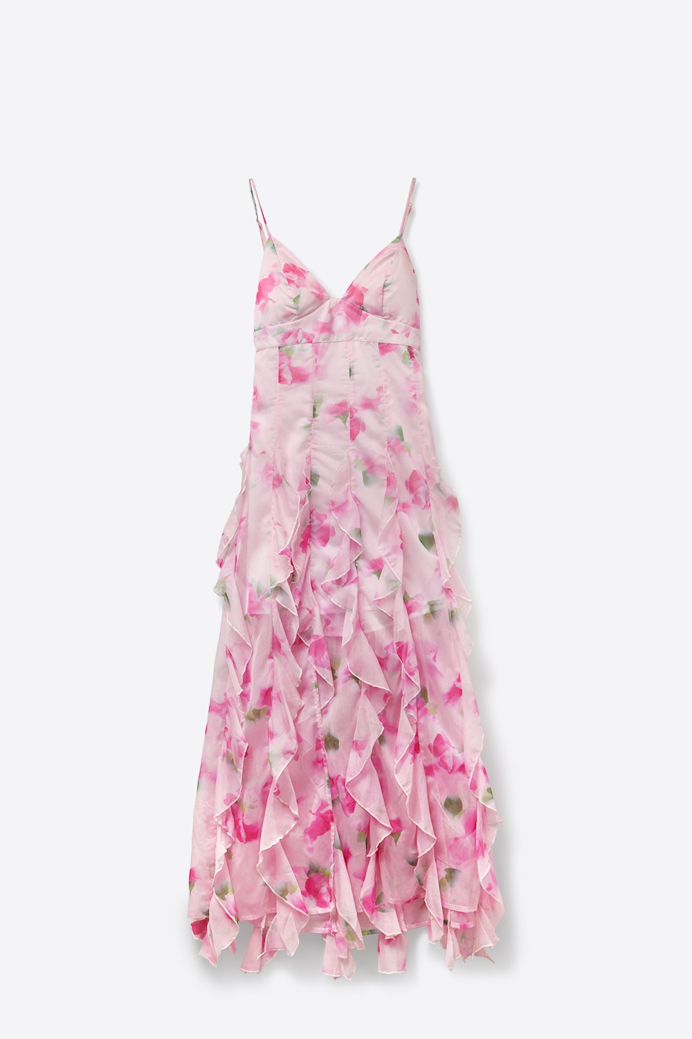 Vestido de fiesta maxi floral blanco y rosa con volantes
