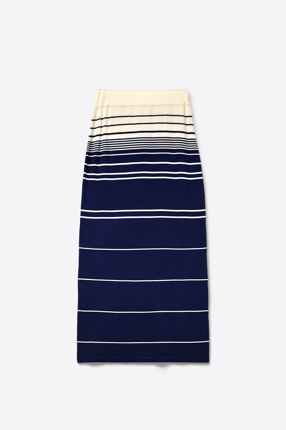 Falda Midi de Punto a Rayas Azul Marino con Cintura Crema