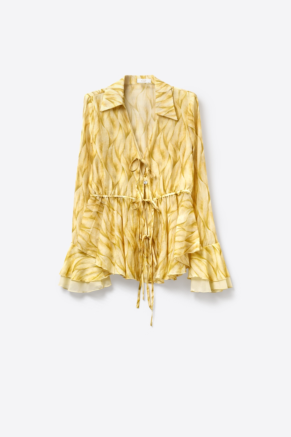 Blusa Amarilla Transparente con Estampado y Cintur&oacute;n con Dobladillo Volanteado
