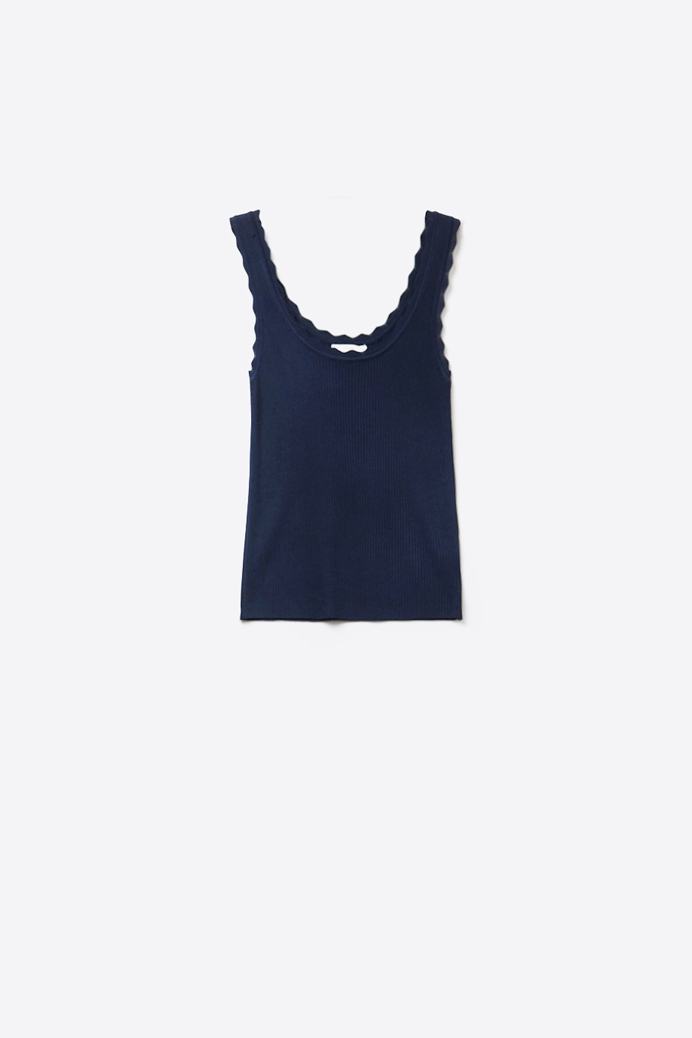 Camiseta de punto acanalado azul marino con escote festoneado