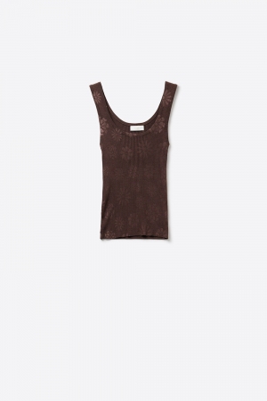 Camiseta de tirantes de punto acanalado marrón con cuello redondo floral