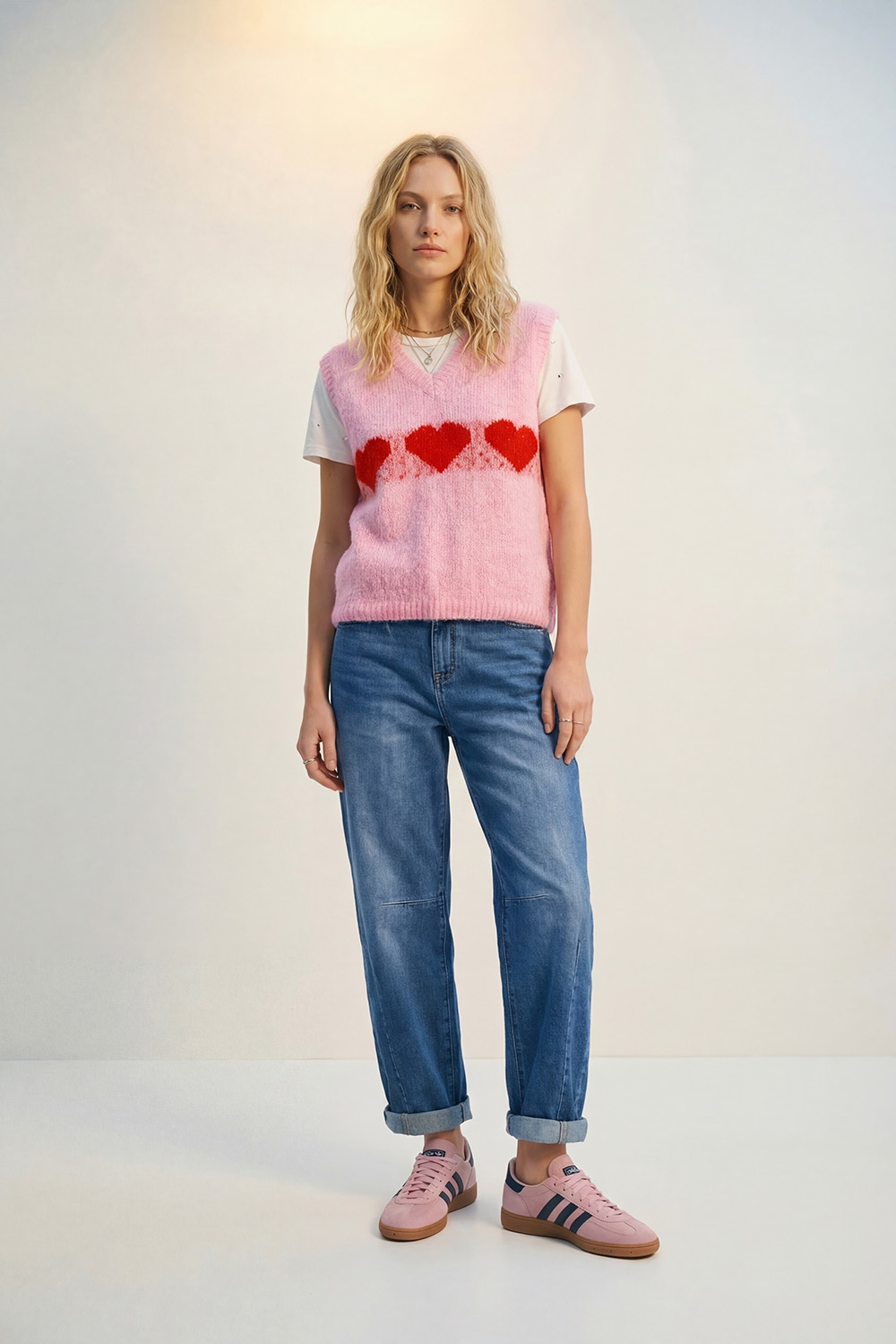Chaleco de punto rosa esponjoso relaxed fit con motivo de corazón Chaleco de punto rosa esponjoso relaxed fit con motivo de corazón