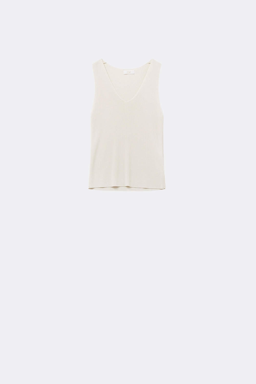 Top beige sin mangas de punto fino con cuello en V