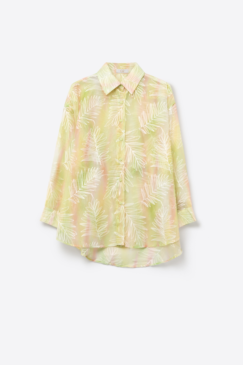 Camisa verde transparente con estampado de hojas y botones con tela translúcida Camisa verde transparente con estampado de hojas y botones con tela translúcida