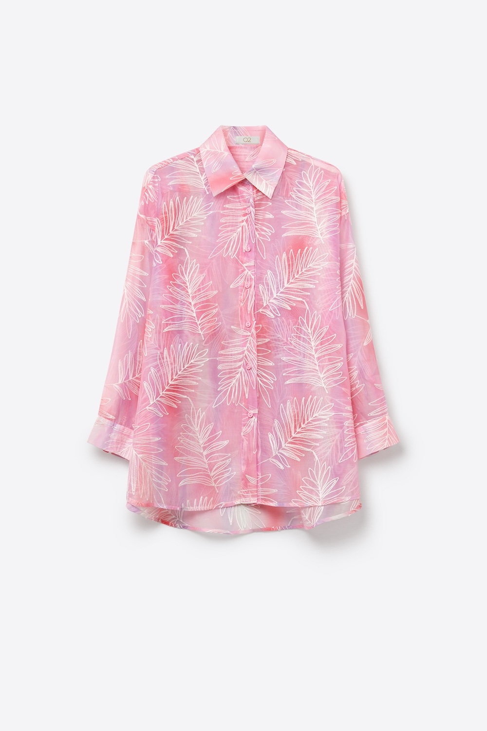 Camisa abotonada con estampado de hojas rosa y tela transl&uacute;cida
