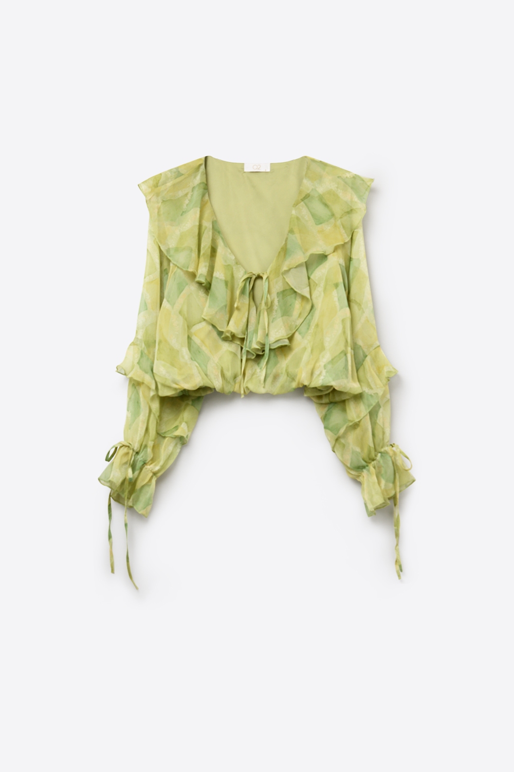Blusa Transparente Verde Claro con Volantes y Lazo Frontal