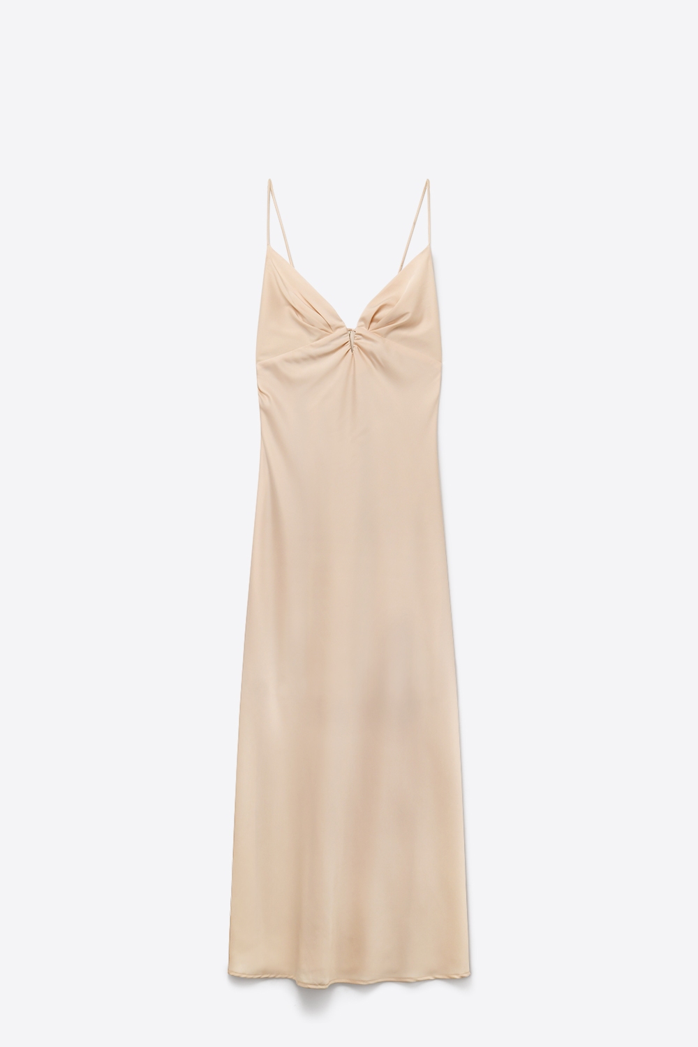 Vestido maxi de sat&eacute;n beige con finos tirantes tipo espagueti