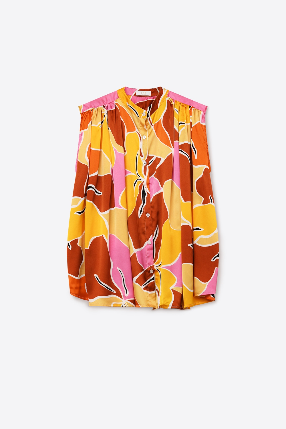 Blusa sin mangas con botones al frente y estampado tropical en tonos cálidos de naranja Blusa sin mangas con botones al frente y estampado tropical en tonos cálidos de naranja