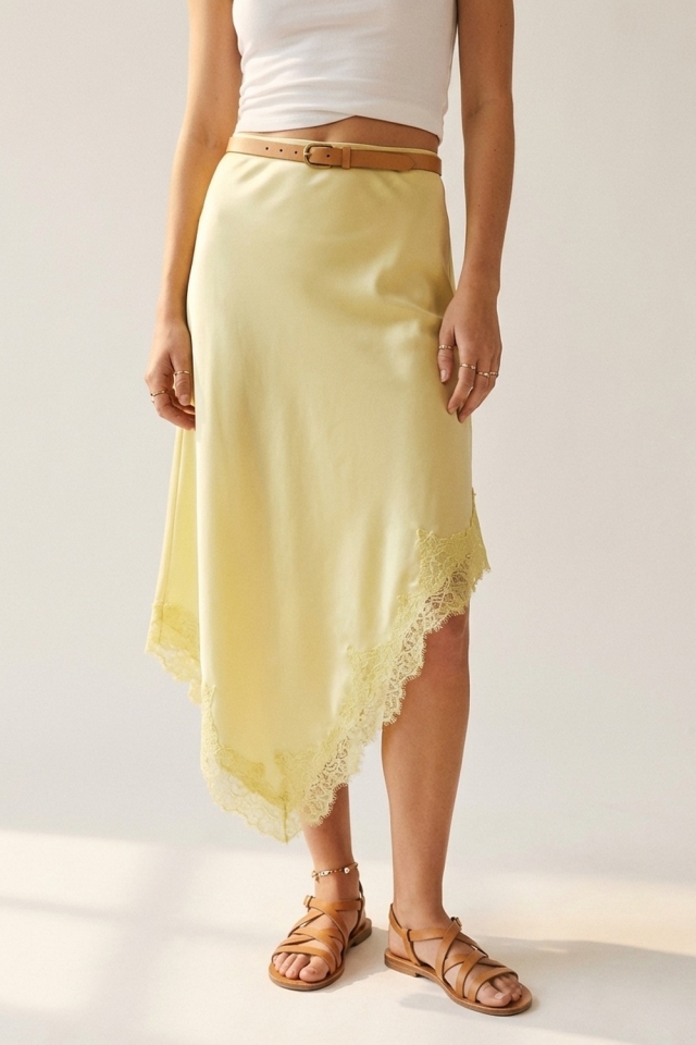 Butter Yellow Satin Handkerchief Skirt with Lace Trim
