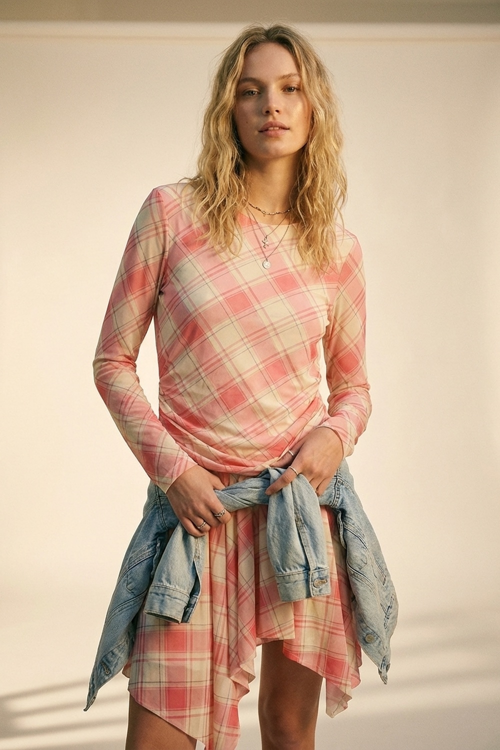 Vestido asim&eacute;trico de manga larga y tela de malla a cuadros en color rosa