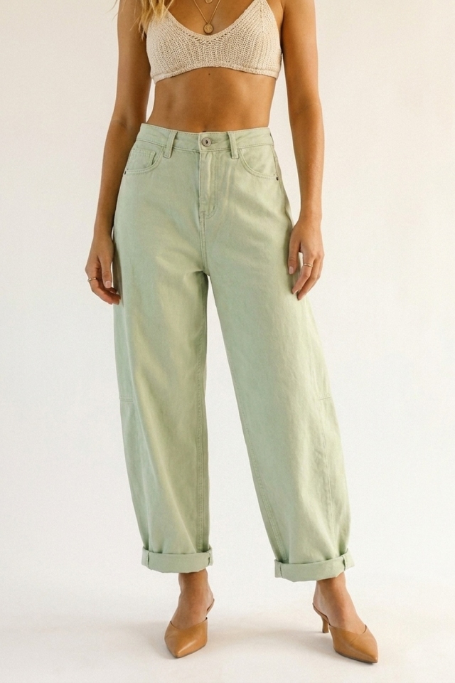Light Green Wide-Leg Cotton Casual Pants  in Barrel Style