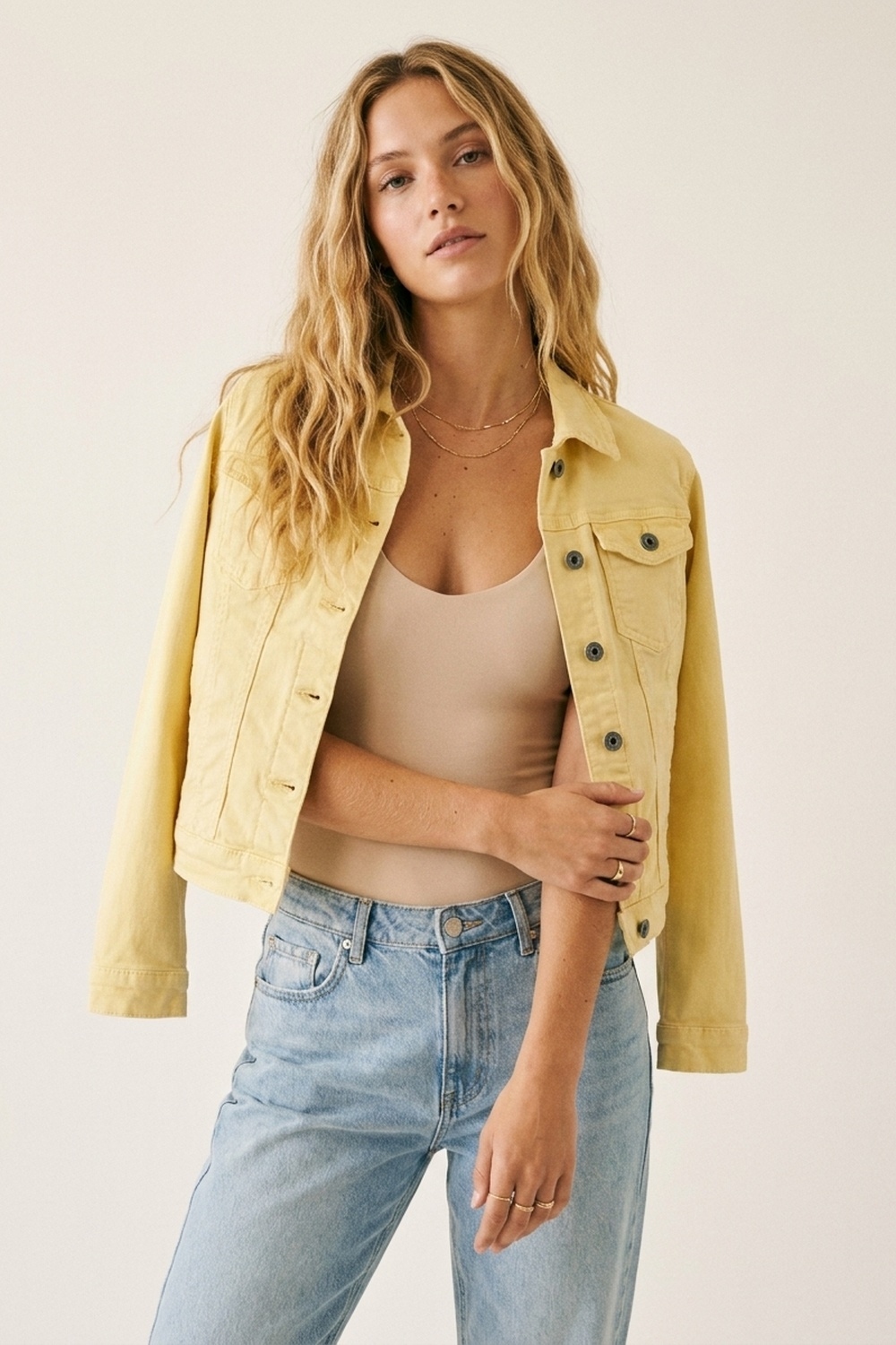 Chaqueta de Denim Amarillo Mantequilla con Cierre de Botones Chaqueta de Denim Amarillo Mantequilla con Cierre de Botones