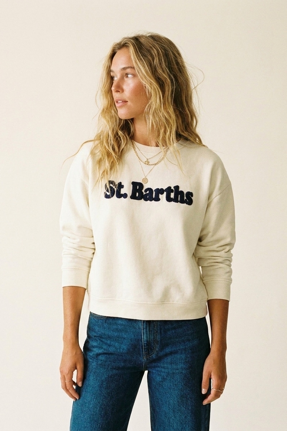 Sudadera bordada con logotipo de la Marina de St Barths en color crema