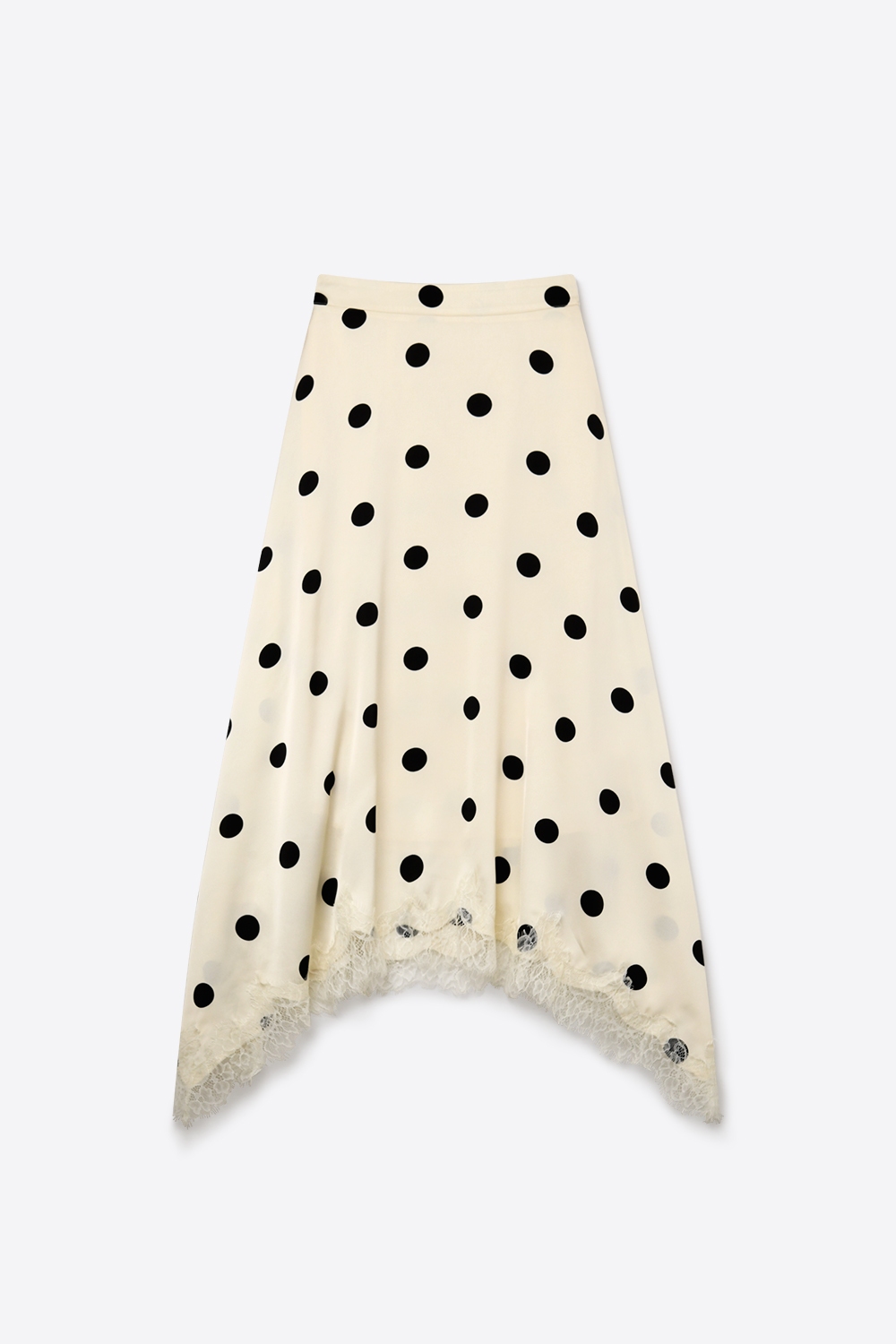 Falda midi asim&eacute;trica de sat&eacute;n con estampado de lunares en color crema y ribete de encaje