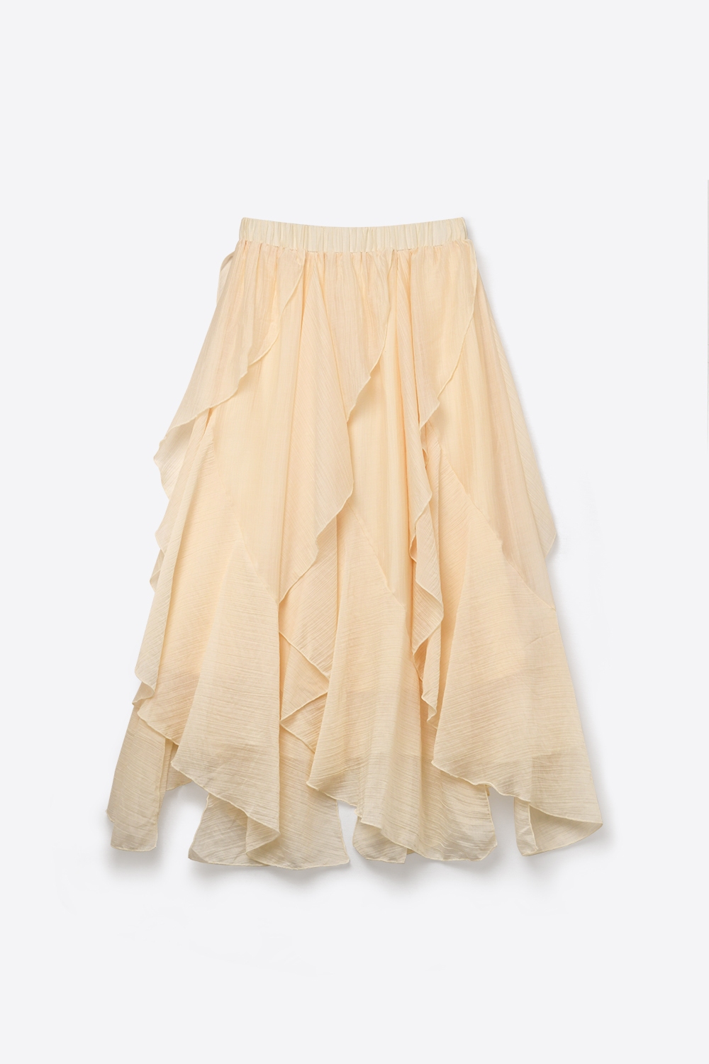 Falda maxi asim&eacute;trica con volantes de gasa liviana en color beige