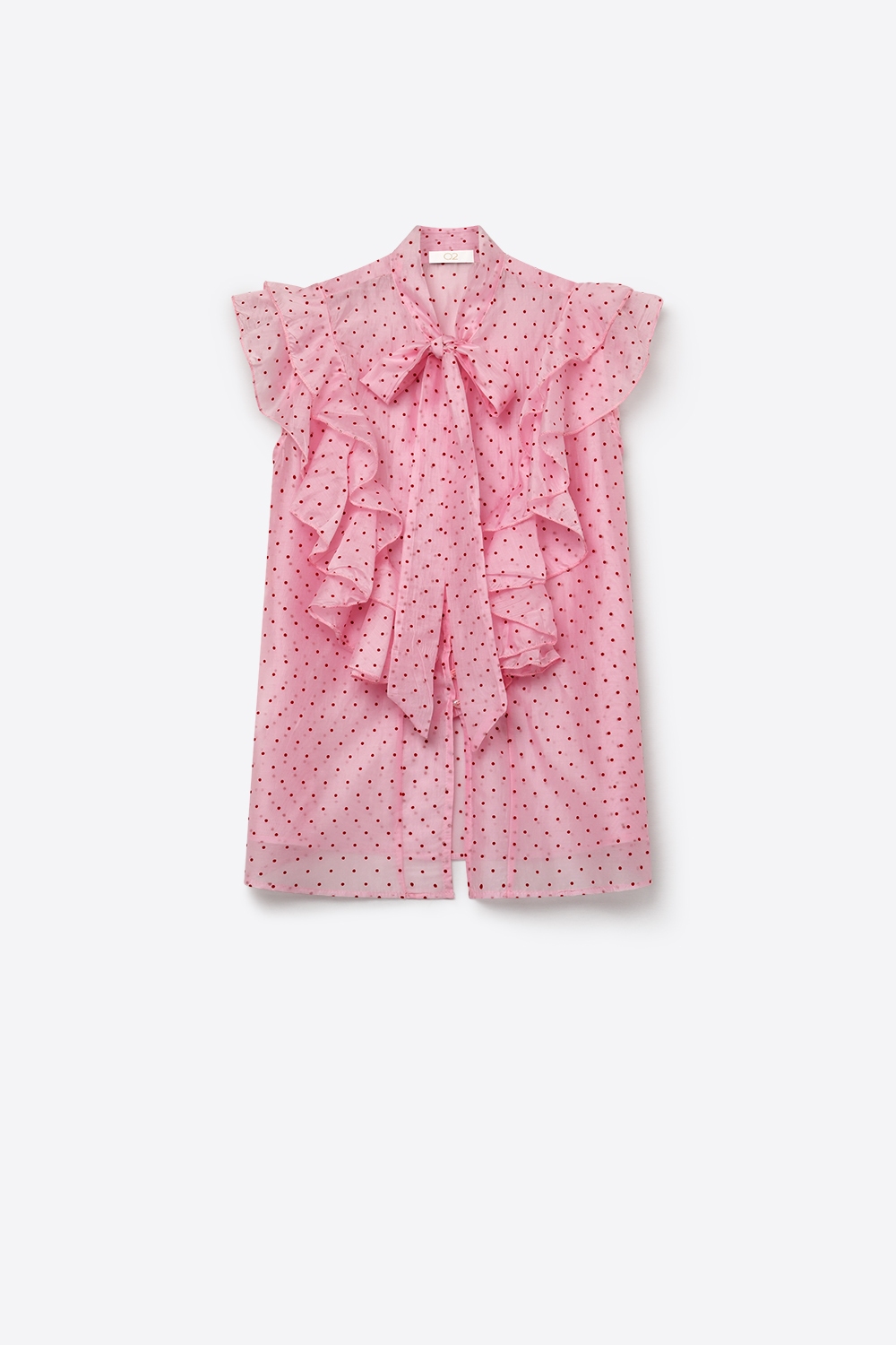 Blusa sin mangas con lazo de volantes de gasa con lunares rosa claro