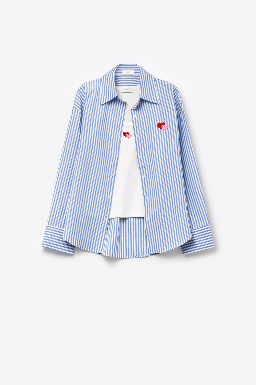 Conjunto de camiseta y camisa de algod&oacute;n con bordado de coraz&oacute;n de rayas azules 2 piezas