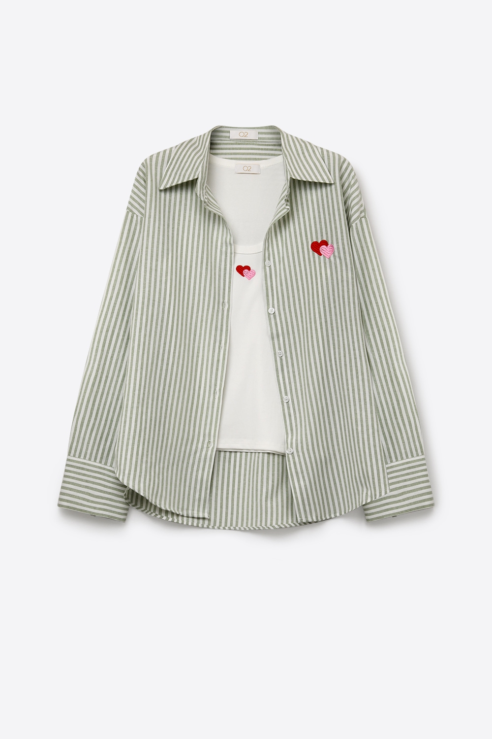 Conjunto de camiseta y camisa de 2 piezas de algod&oacute;n con rayas verdes y coraz&oacute;n bordado