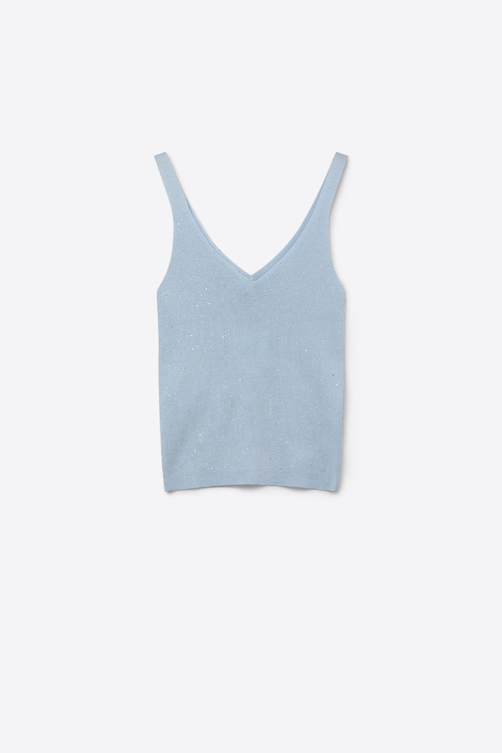 Top sin mangas de punto fino azul claro con detalle de purpurina y cuello en V