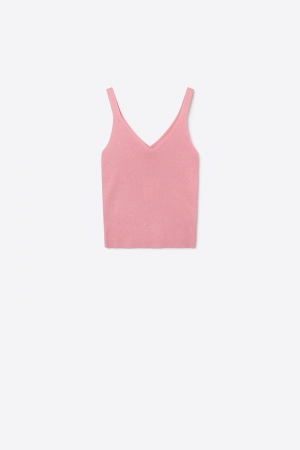 Camiseta de tirantes acanalada con cuello en V y purpurina rosa