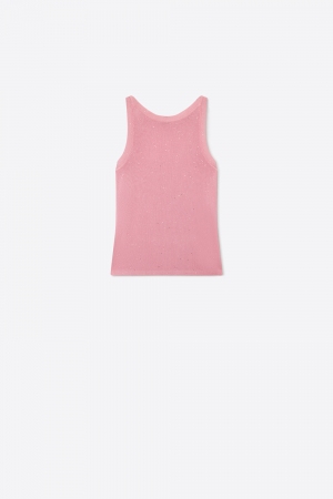 Camiseta de tirantes regular fit de punto acanalado rosa con purpurina sin mangas