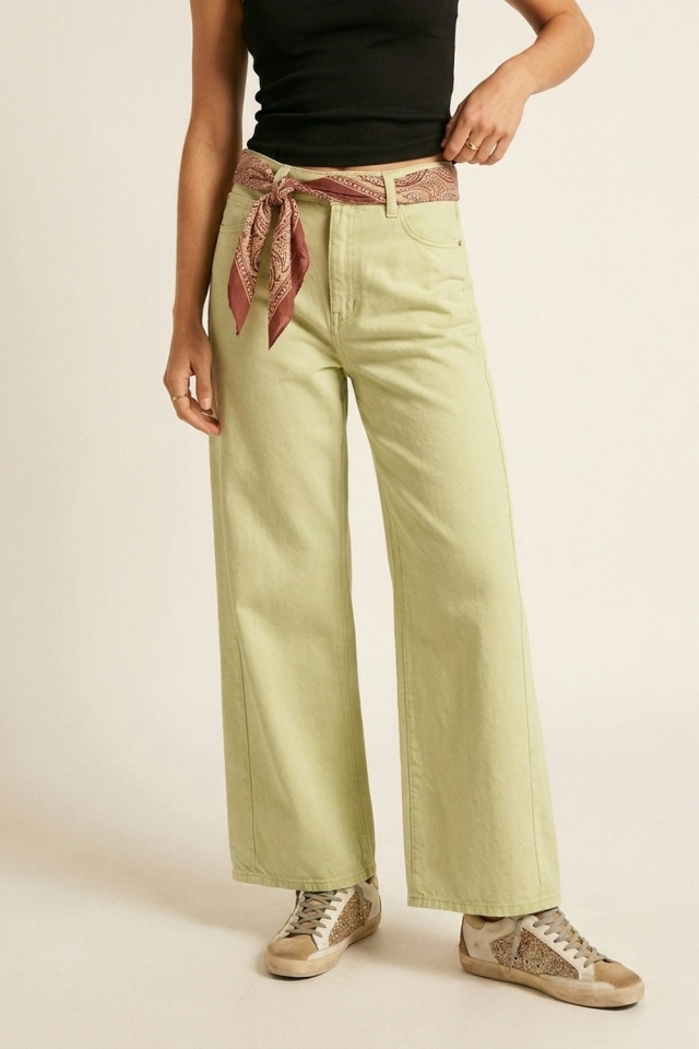Pantalones de Algod&oacute;n Verde Claro de Pierna Ancha para Mujer