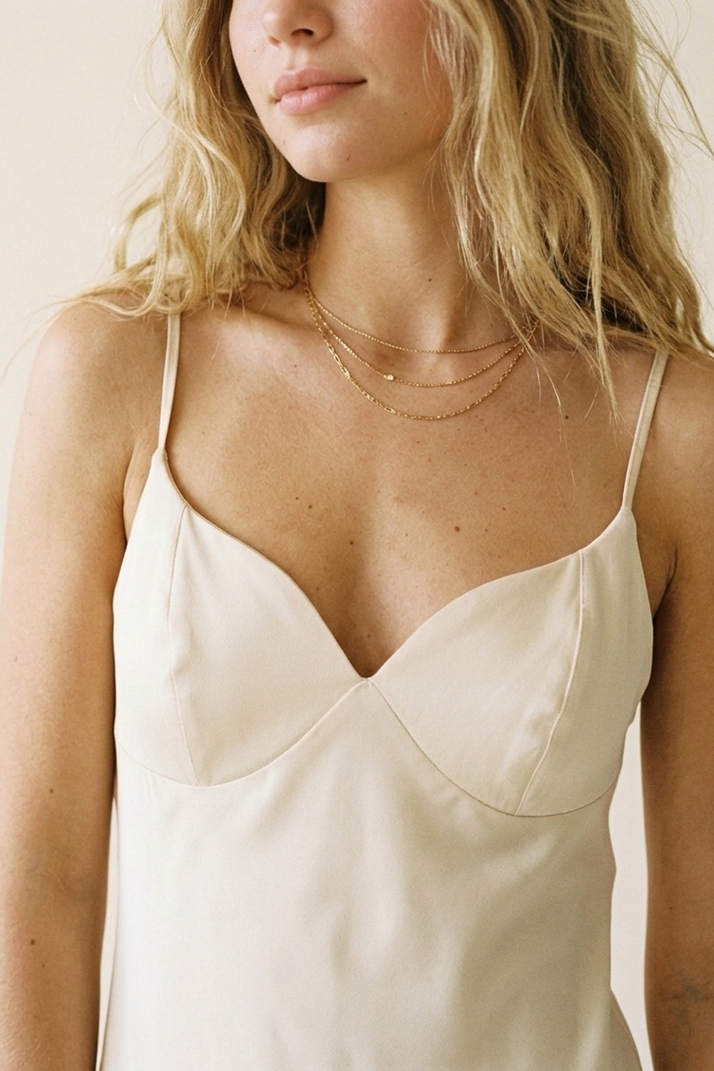 Vestido Lencero Color Crema con Tirantes Ajustables y Escote en V