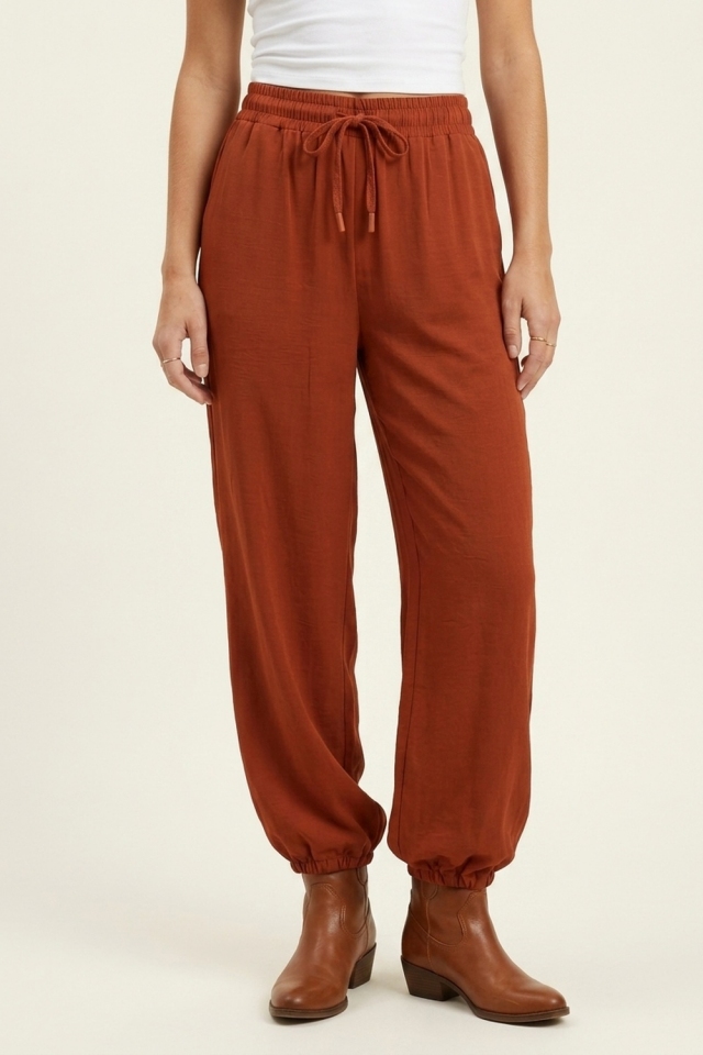 Pantalones Casuales Anchos Color &Oacute;xido con Cintura de Cord&oacute;n