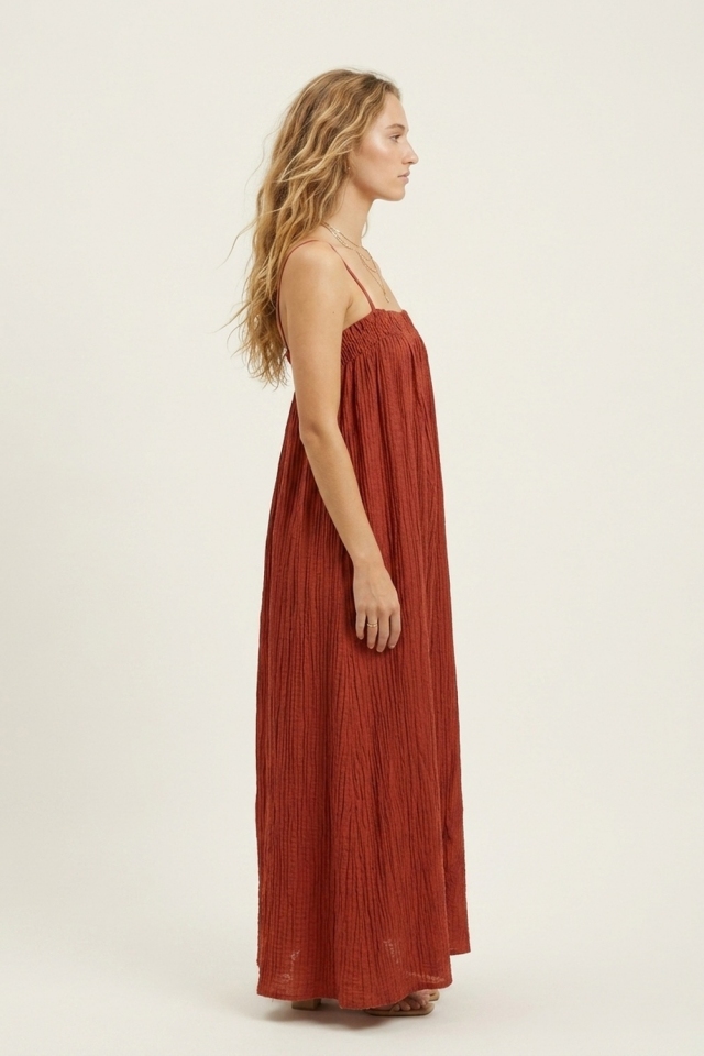 Rust Crinkled Maxi Dress with Spaghetti Straps