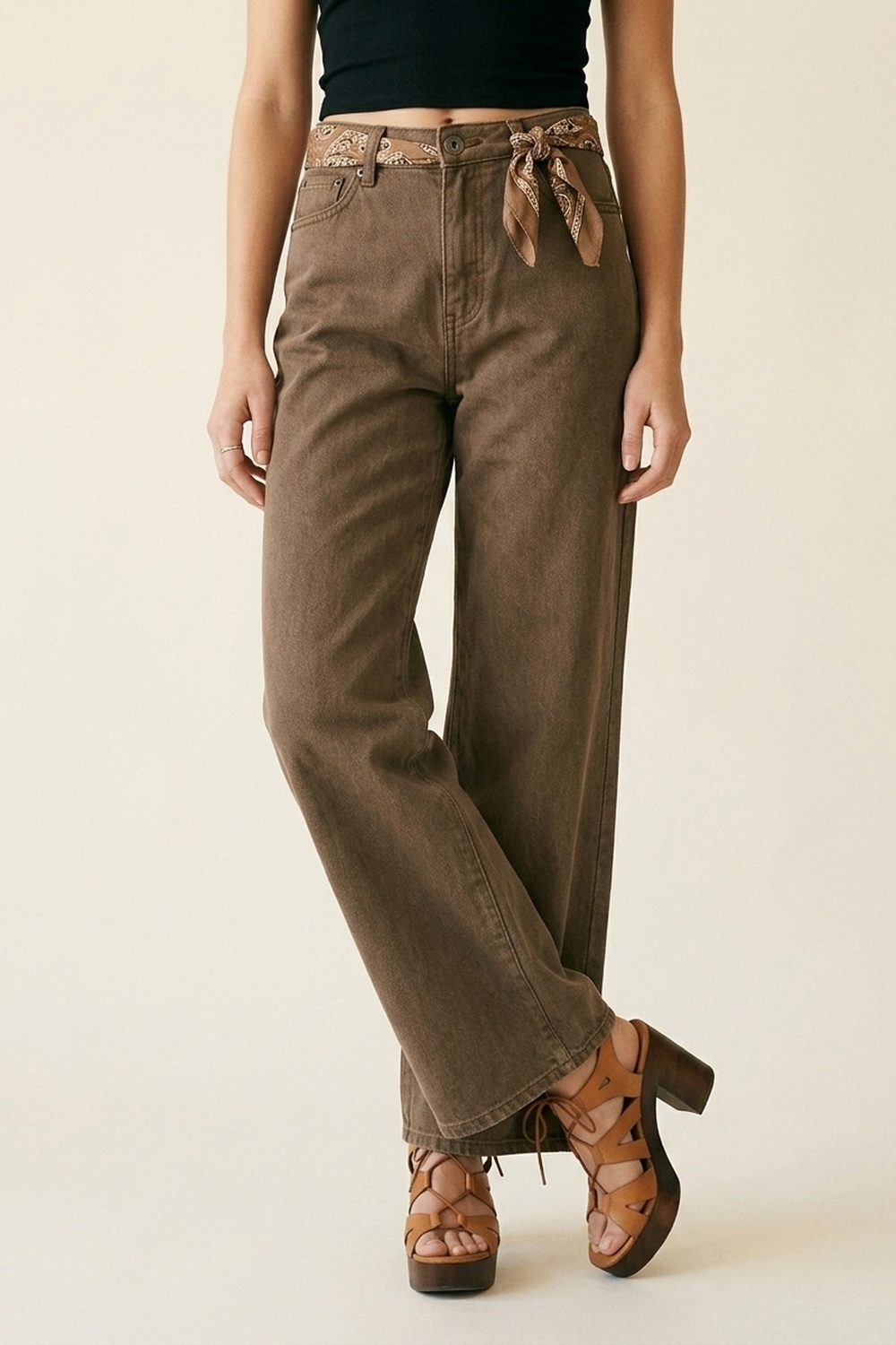 Pantalones de Mezclilla de Algodón Marrones de Pierna Ancha Casual Pantalones de Mezclilla de Algodón Marrones de Pierna Ancha Casual