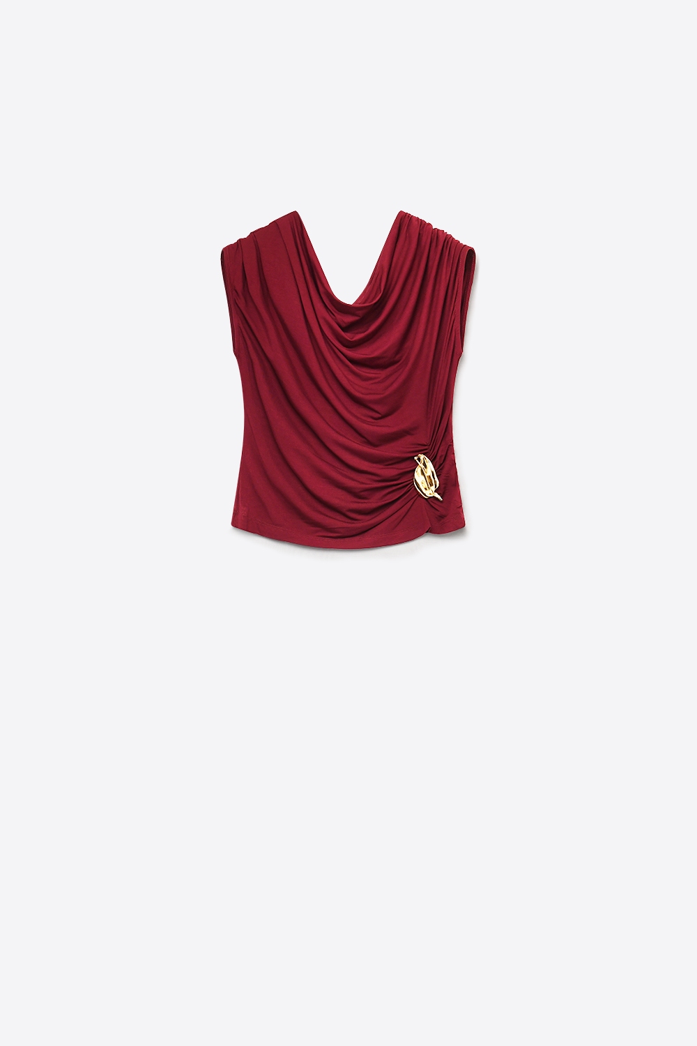 Top ligero de viscosa color burdeos con acento dorado y sin mangas drapeado