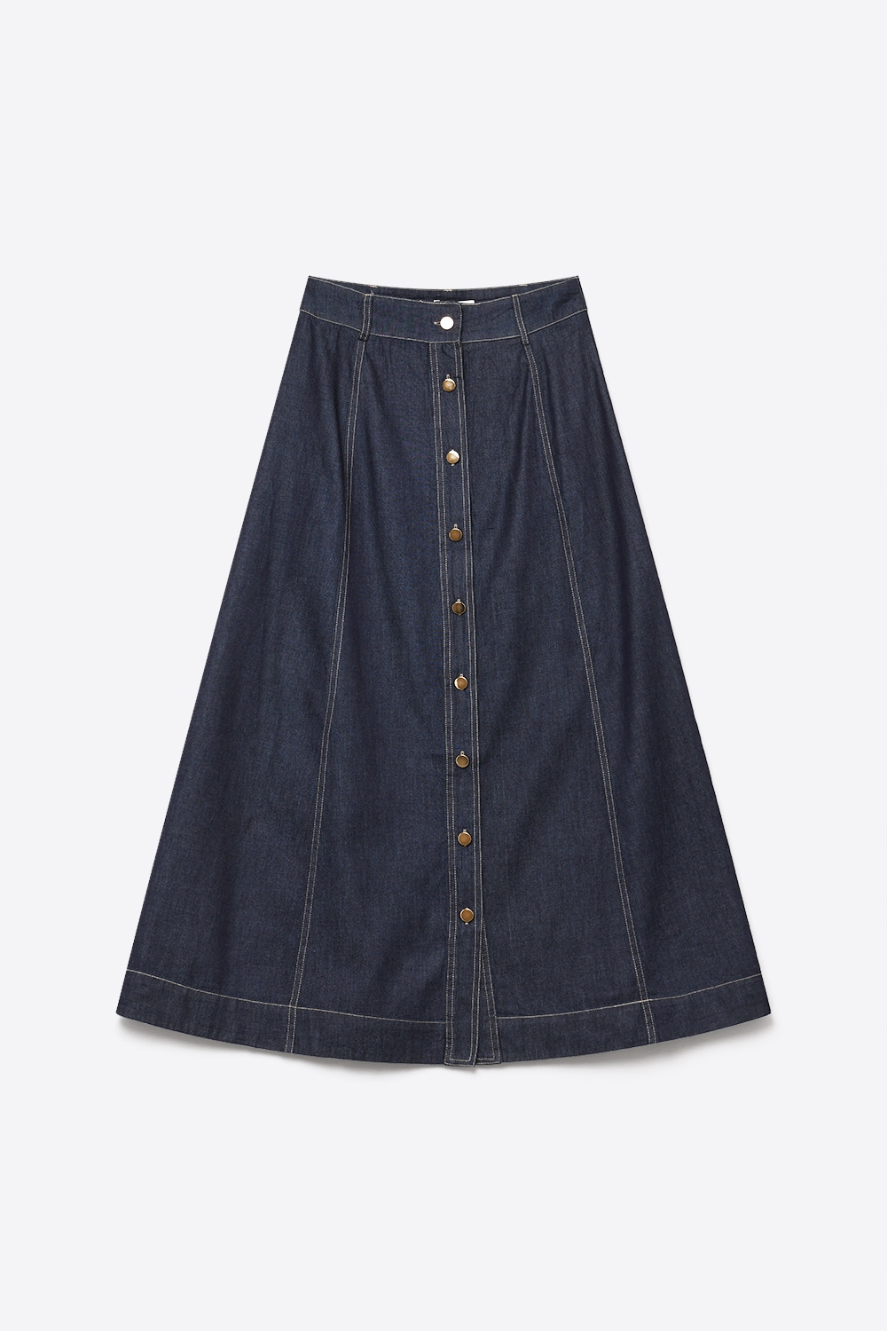 Falda midi de mezclilla azul oscuro con costura de contraste y botones al frente en línea A Falda midi de mezclilla azul oscuro con costura de contraste y botones al frente en línea A
