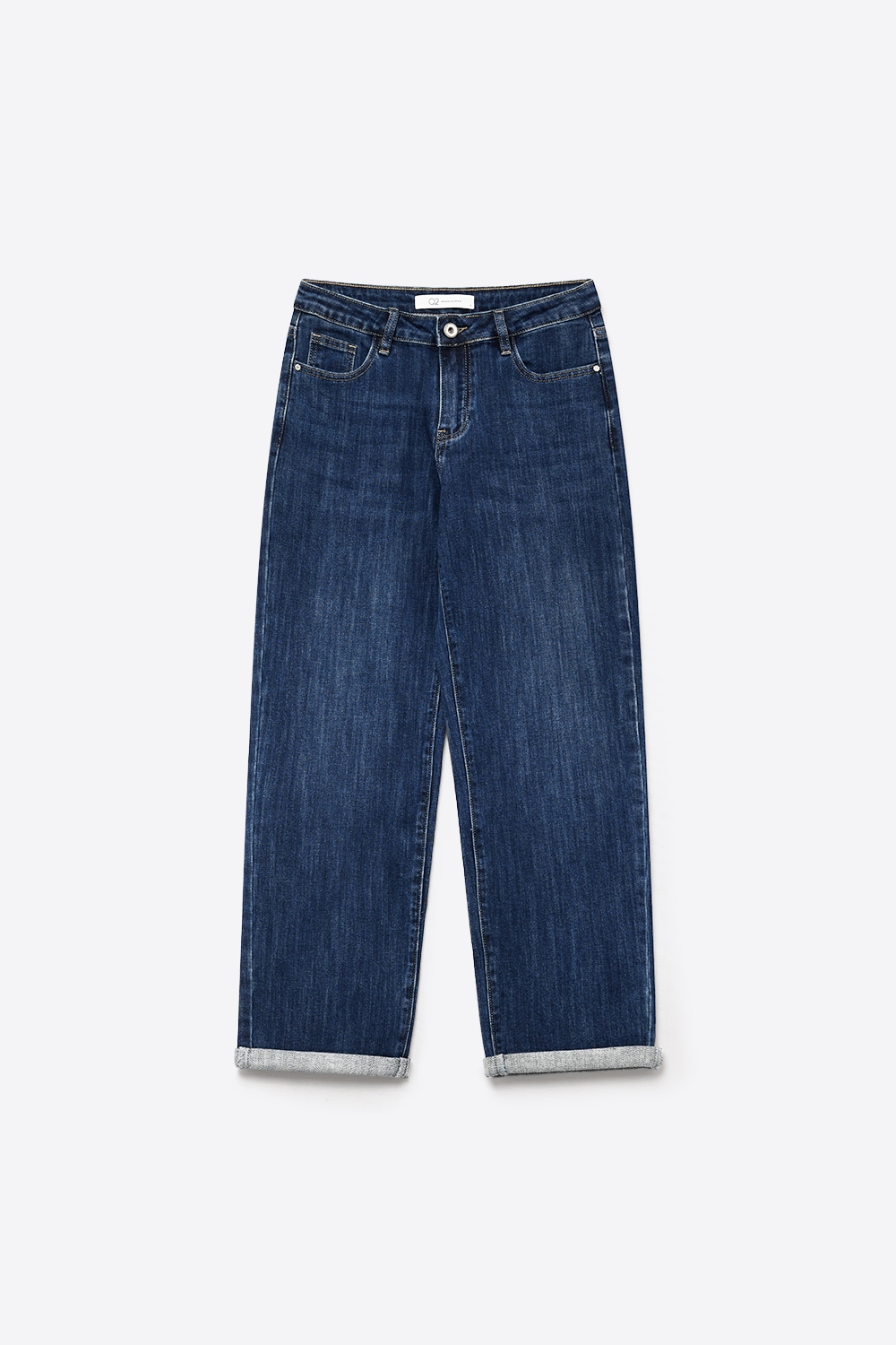 Jeans mom de mezclilla azul oscuro con pierna ancha y longitud hasta el tobillo