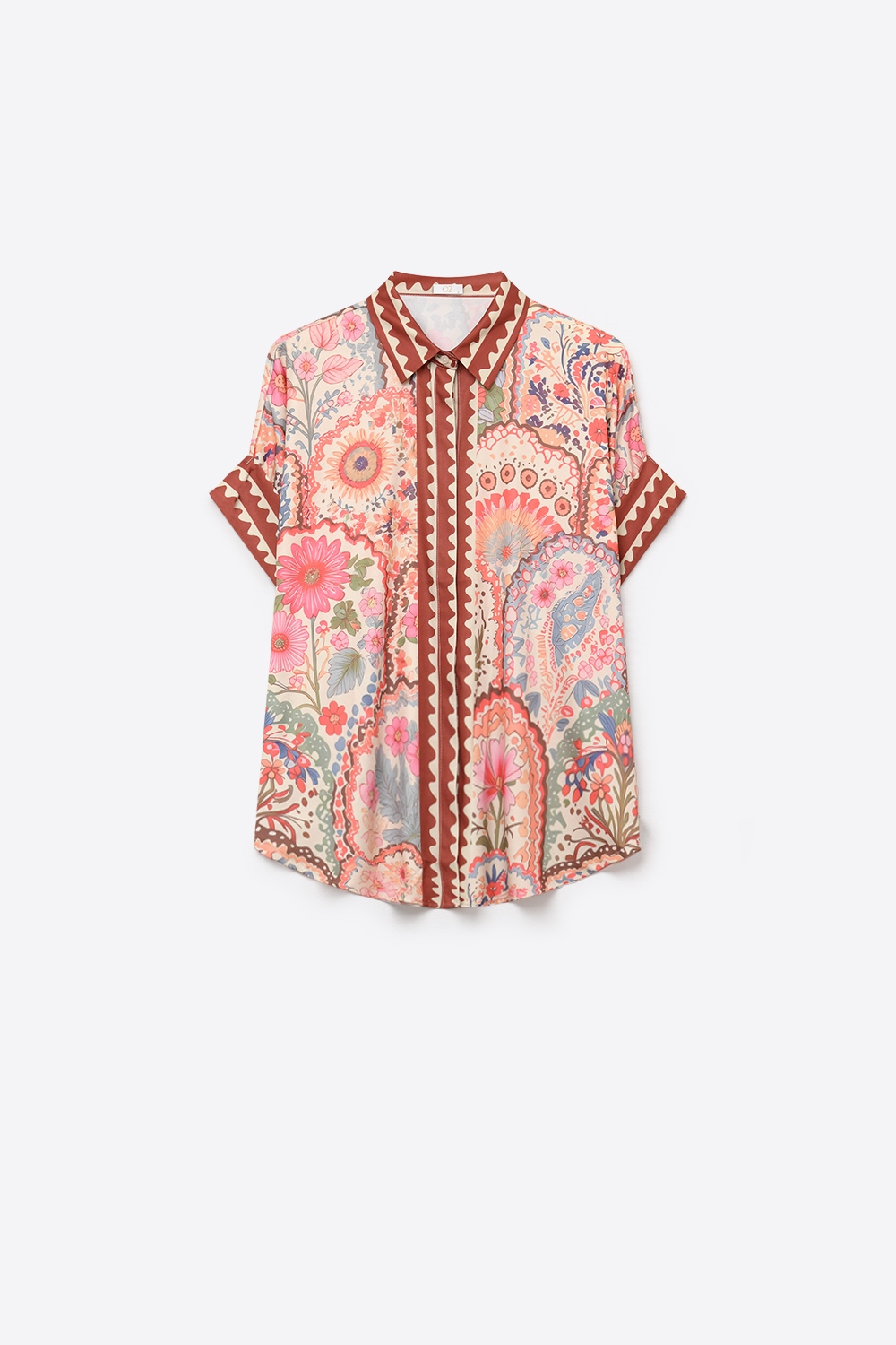 Camisa con estampado floral multicolor de tela ligera con ribete en contraste