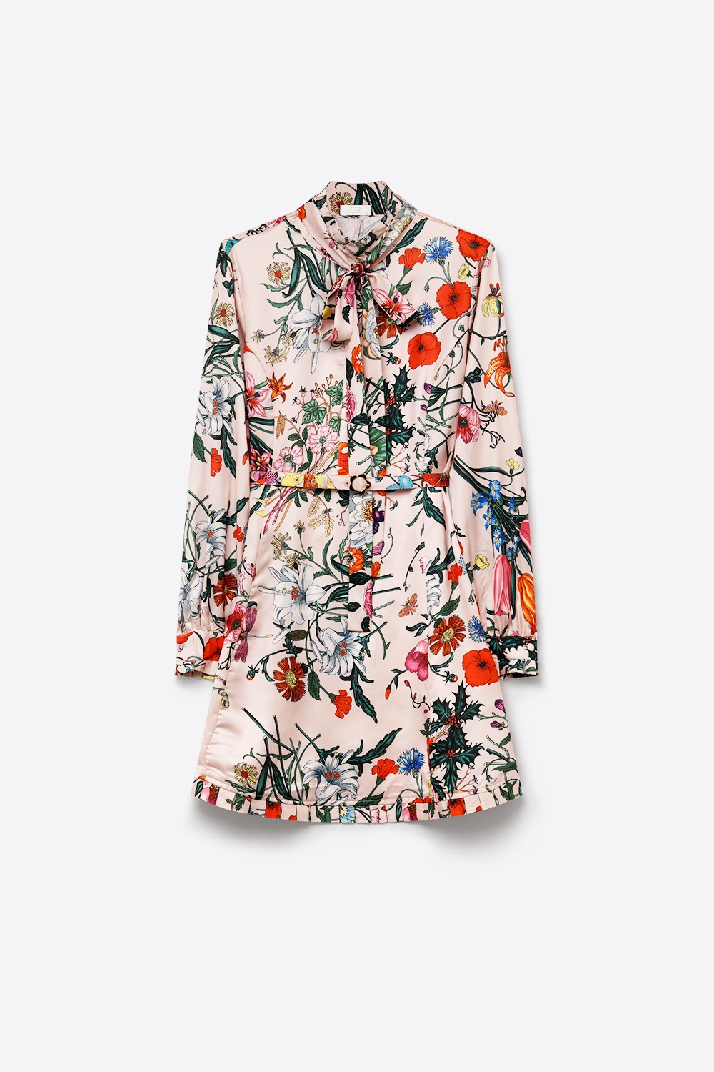 Vestido mini de satén con estampado floral rosa cuello con lazo y cinturón Vestido mini de satén con estampado floral rosa cuello con lazo y cinturón