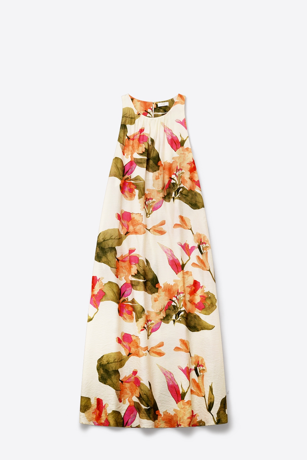 Vestido maxi sin mangas tejido ligero con estampado floral crema corte holgado Vestido maxi sin mangas tejido ligero con estampado floral crema corte holgado