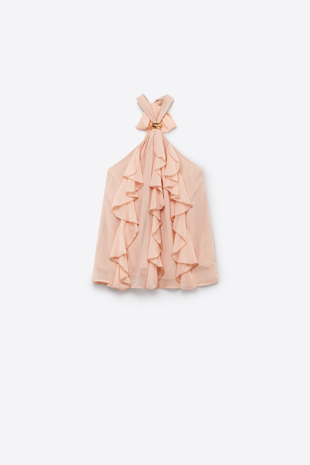 Top sin mangas con detalle de volantes de gasa y cuello halter en rosa claro