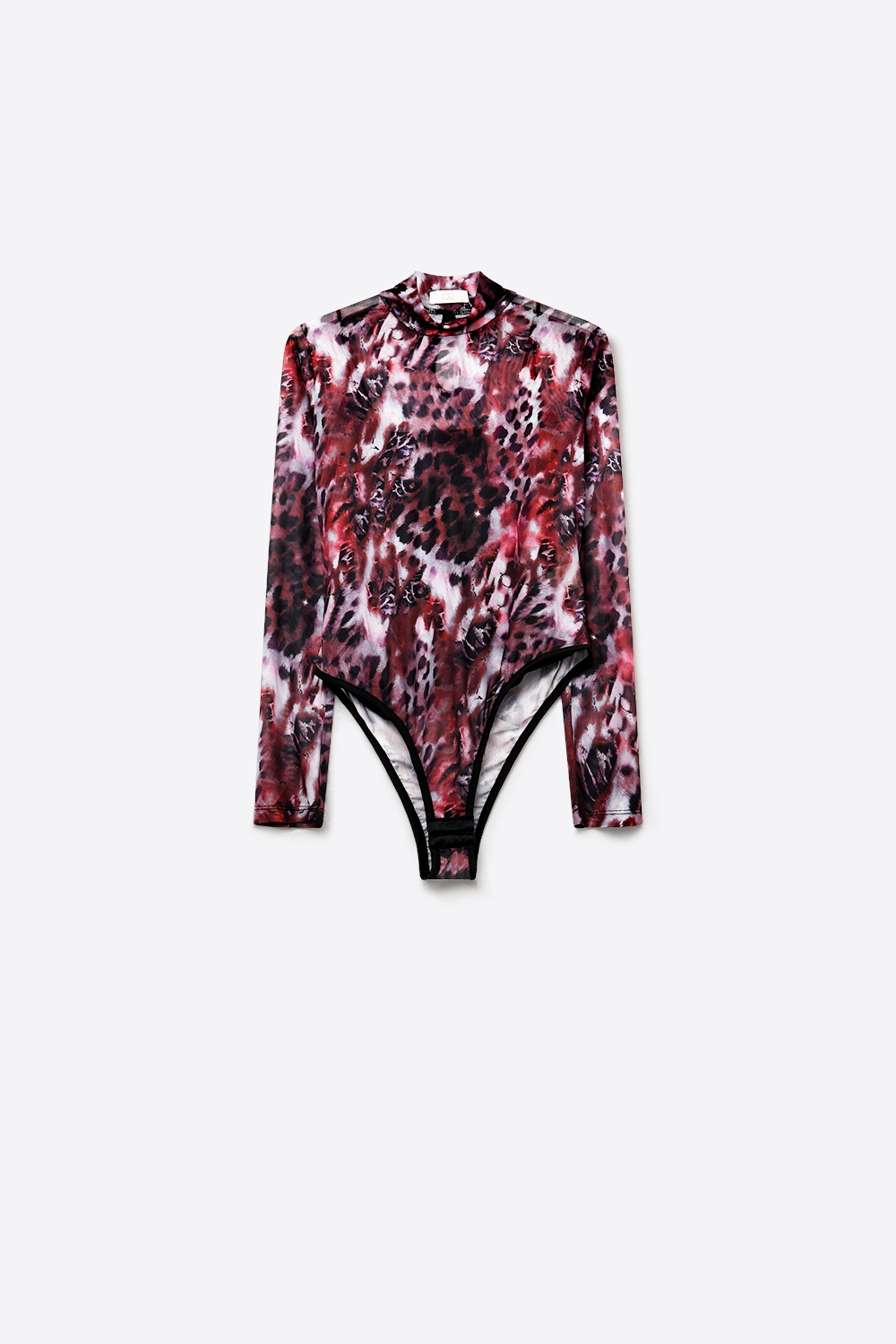 Body de malla transparente con cuello alto y manga larga en estampado animal burdeos