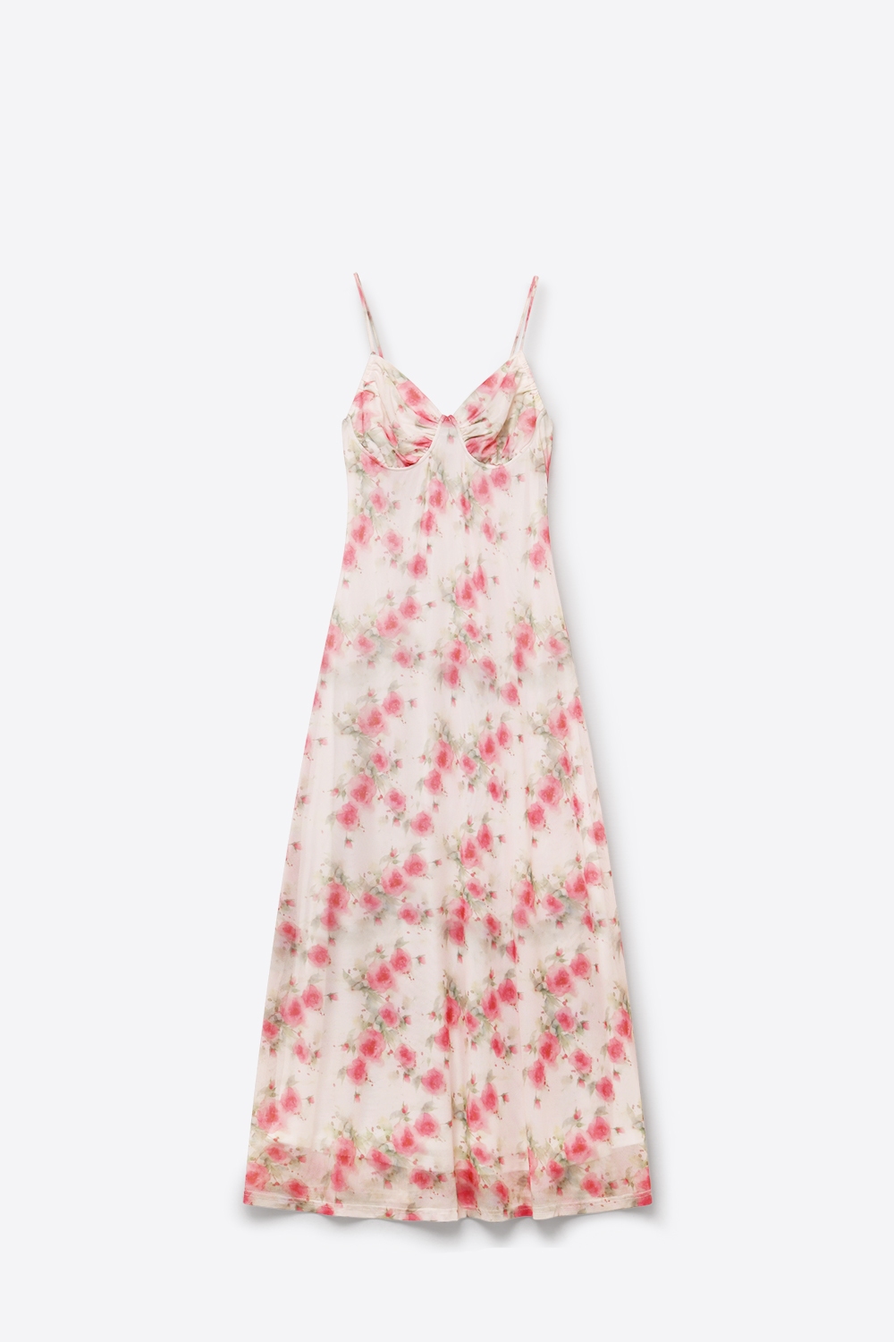 Vestido largo con fruncido en el busto y estampado floral crema en tela de malla