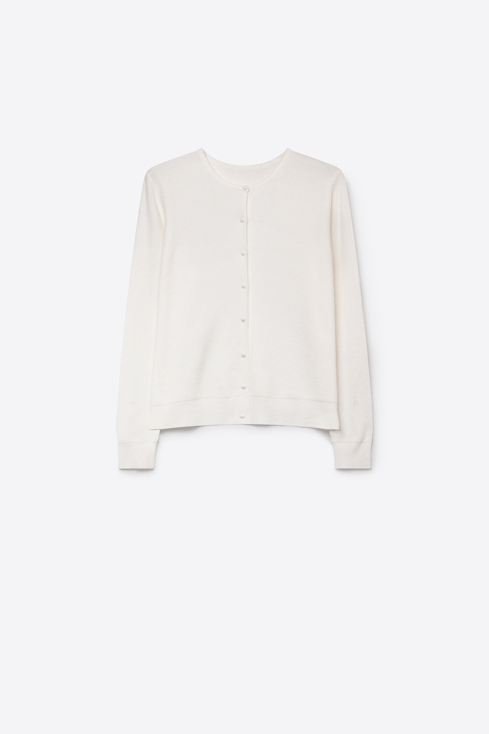 C&aacute;rdigan blanco de punto suave con cuello redondo y botones de perla en el frente