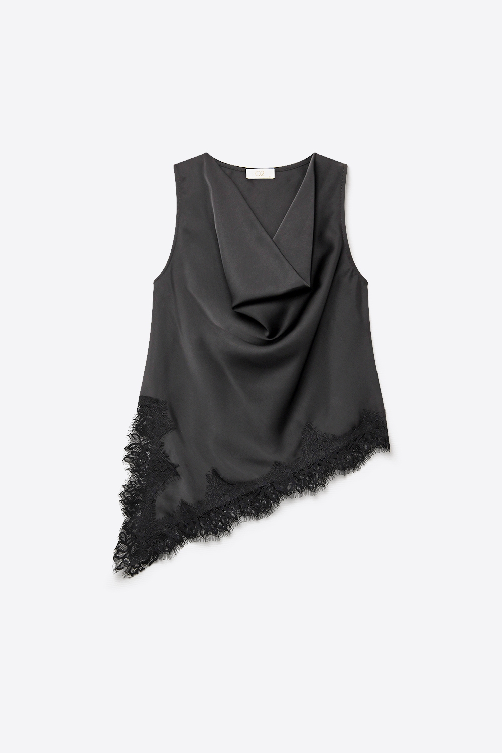 Blusa sin mangas con dobladillo asim&eacute;trico y encaje de sat&eacute;n negro