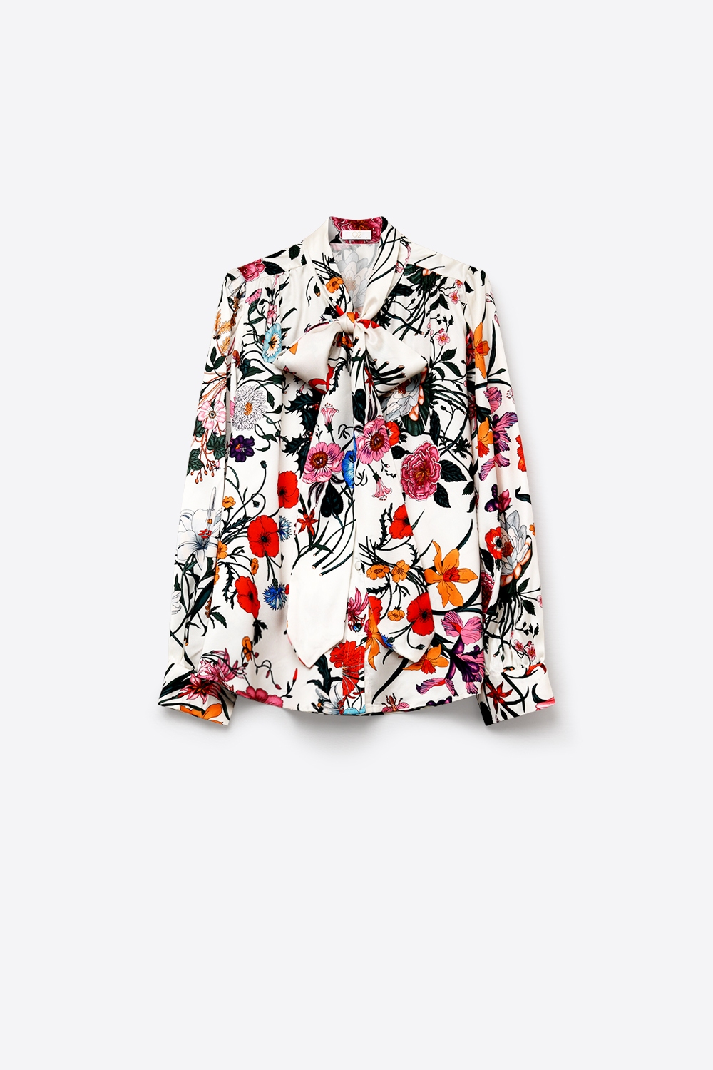Blusa de Satén con Estampado Floral Blanco y Lazo en el Cuello de Manga Larga Blusa de Satén con Estampado Floral Blanco y Lazo en el Cuello de Manga Larga