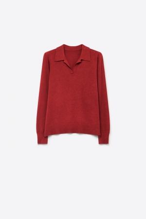 Suéter Burdeos de Punto Fino con Cuello Polo de Manga Larga y Corte Regular