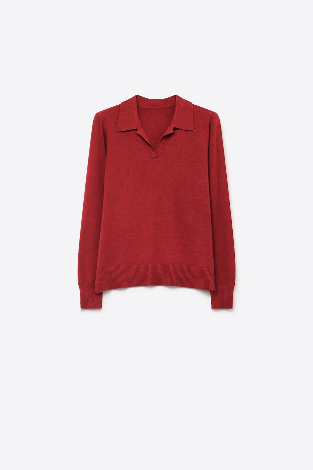 Su&eacute;ter Burdeos de Punto Fino con Cuello Polo de Manga Larga y Corte Regular